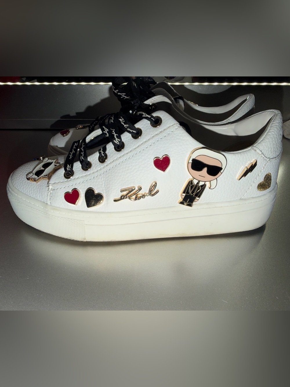 Karl Lagerfeld White Sneakers with Black Accents, Red Heart & Gold Cat Charms